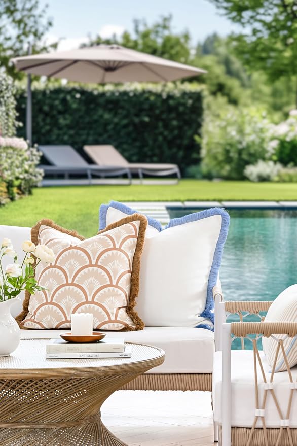 Hofdeco Premium Coastal Hampton Patio Indoor Outdoor Throw Pillow Cover Only, 20"x20" Water Repellent for Backyard, Couch, Poolside, Neutral Tan Print Tropical Ravenala Palm Tree