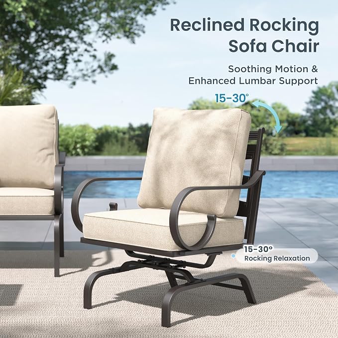 PHI VILLA Patio Furniture Set, 3-Seater Sofa, 4 Rocking Chairs and a Coffee Table, Outdoor Metal Conversation Set with 5.75" Extra Thick Cushion for Garden Backyard Deck, Beige