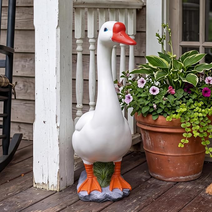 20" Large Porch Goose Statue Decor, White Lifelike Lawn Goose Sculpture ,Resin Indoor or Outdoor Decorative Figurine for Garden, Patio, Yard, Entryway Accent, Unique Housewarming Gift, Gifts for Mom