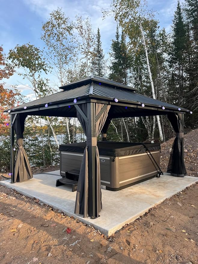 Domi Outdoor Hardtop Gazebo 12’x14’, Permanent Metal Gazebo for Patios with Aluminum Frame, Galvanized Steel Double Roof, Heavy Duty Curtains & Netting, Grey