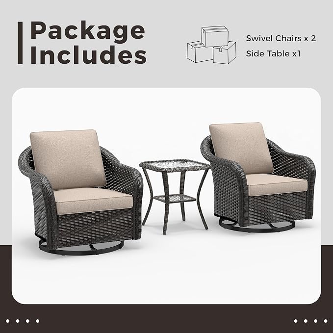 Outdoor Swivel Chairs with Side Table, Patio Wicker Chairs, Outside Conversation Furniture Set with Washable Cushions for Sunroom, Gazebo, Poolside (Beige)