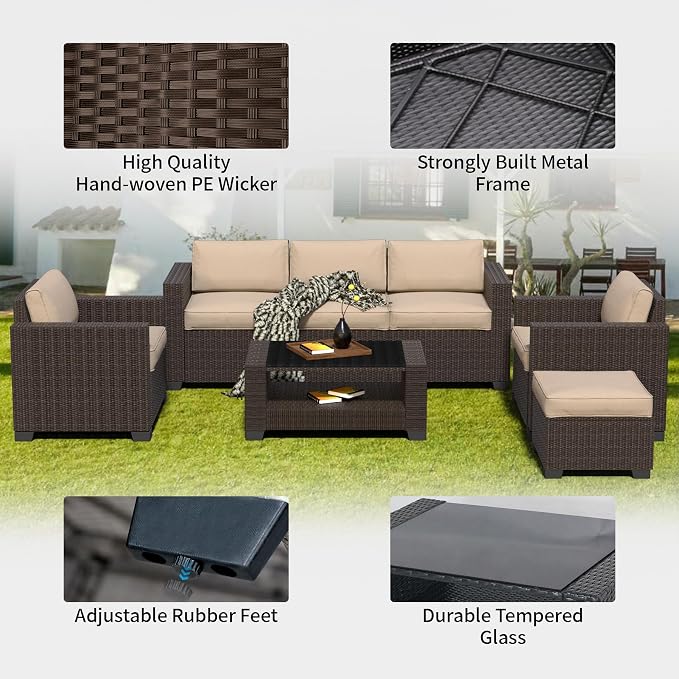 YLGJ&TIDY 7 PCS Outdoor Patio Wicker Furniture Set Sofa with Coffee Table | All Weather Rattan Woven Patio Conversation Set with Khaki Thicken Cushion and Tempered Glass Table for Garden Backyard