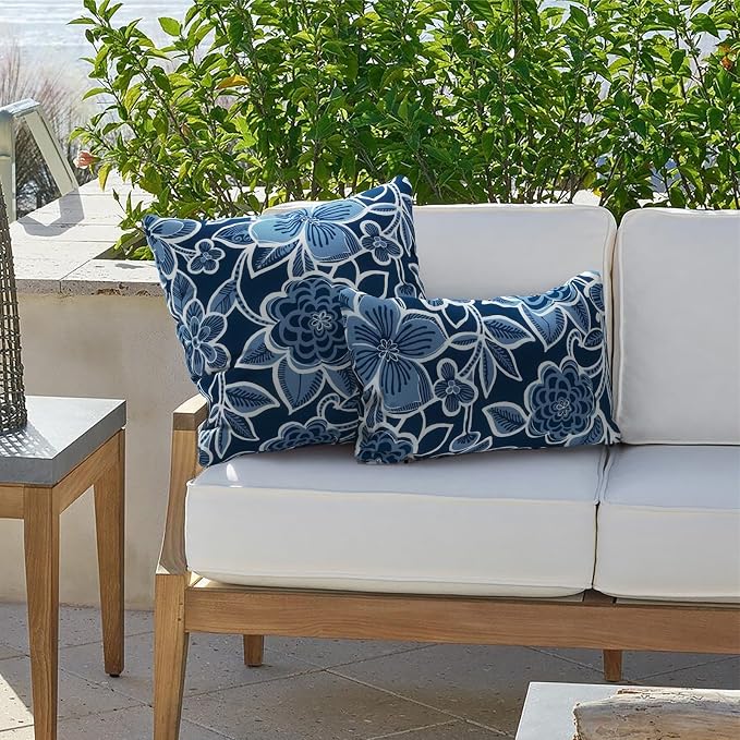 Outdoor Lumbar Pillow Covers 12”x20”, Rectangle Throw Pillow Covers for Patio Furniture, Decorative Lumbar Cushion Case for Garden Balcony Couch Office Chair, Pack of 2,Flower Navy