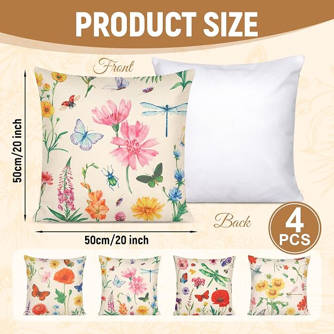 tiggell Outdoor Pillow Covers Waterproof 20x20 Set of 4, Spring Summer Decorative Throw Pillow Covers for Home Garden Patio Couch Swing Sofa Decor