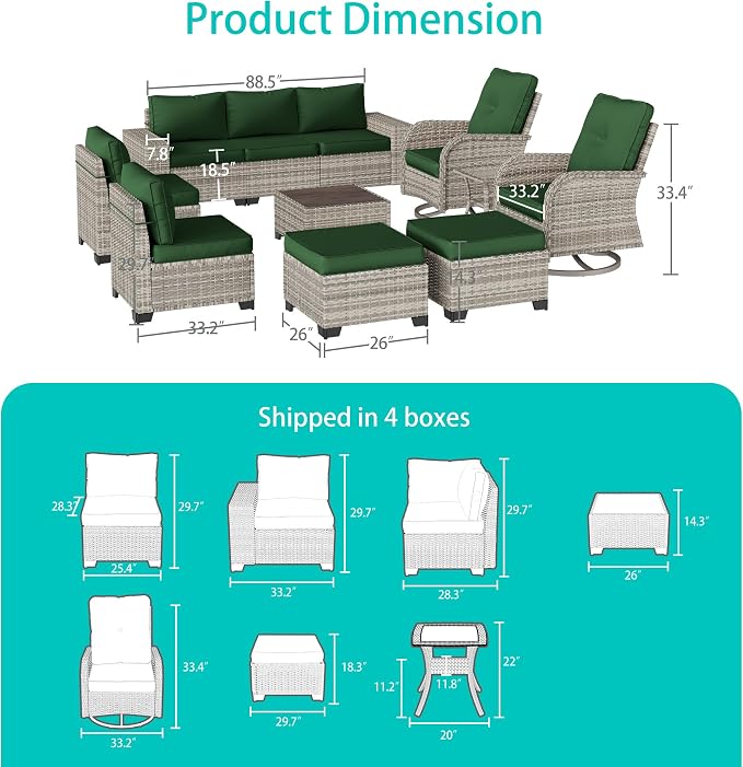 11-Piece Outdoor Patio Furniture Set with Rocking Swivel Chair Wicker Sectional Sofa Set, Patio Conversation Set with Ottomans & Coffee Table for Garden, Backyard, Poolside, Green