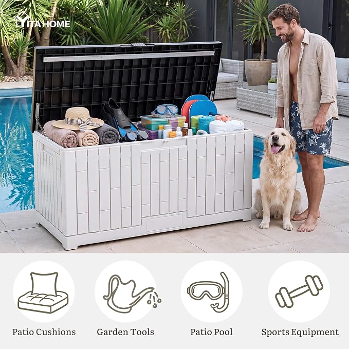 YITAHOME 120 Gallon Outdoor Storage Deck Box, Large Resin Patio Storage with Slide-Locking Black Lid, 2-Person Bench Seat for Outdoor Pillows, Garden Tools & Pool-Supplies, Waterproof, Grayish-White