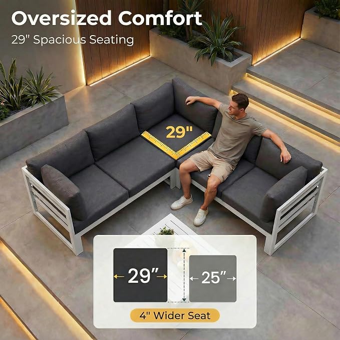 NICESOUL 8 Person Modern Aluminum Outdoor Patio Furniture Set with Fireplace, 29" Wide Deep Seating, Water Resistant L Shaped Sectional Couch, Large Conversation Set for Backyard Terrace, Dark Gray