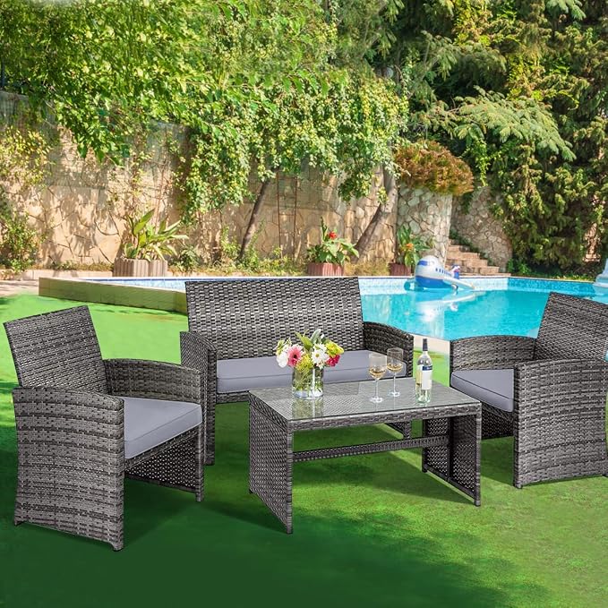 Outdoor Conversation Set, 8 Pieces Wicker Patio Furniture Set with Ergonomic Curved Design, Patio Chair Set with Water-Resistant Cushion & Tempered Glass Table for Backyard, Porch(Gray)