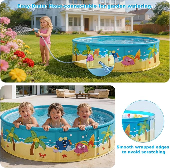 Foldable Swimming Pool for Kids 78.7"x17.7" Hard Plastic Portable Dog Pool Anti-Slip Collapsible Large Kiddie Pool Indoor Outdoor Backyard (JellieMons 79'')