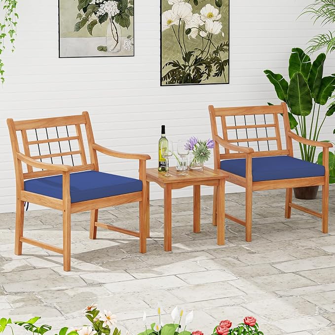 HAPPYGRILL 3 Piece Acacia Wood Patio Conversation Set, Outdoor Bistro Set with Cushions, Solid Wood Frame, 2 Armchairs & Coffee Table Set for Backyard, Porch, Poolside (Navy)