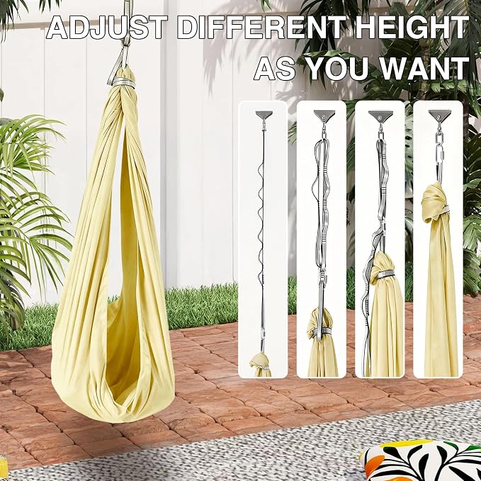 GarveeLife Dual-Layer Cotton Sensory Hammock Swing for Kids & Adults, Calming Compression Therapy, 360° Swivel, Adjustable Height, Indoor & Outdoor Use, 300 lbs Capacity, Light Yellow