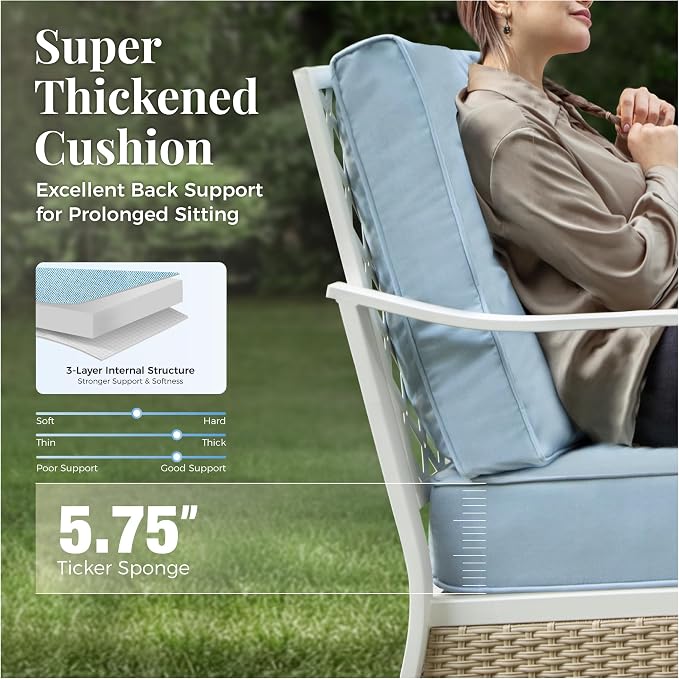 4 Piece Metal Patio Furniture Set, 5-Seat All Weather Outdoor Conversation Set with 3-Seat Sofa & 2 Fixed Chairs & 47'' Coffee Table, Outdoor Furniture Set for Backyard, Deck, Garden, White/Blue