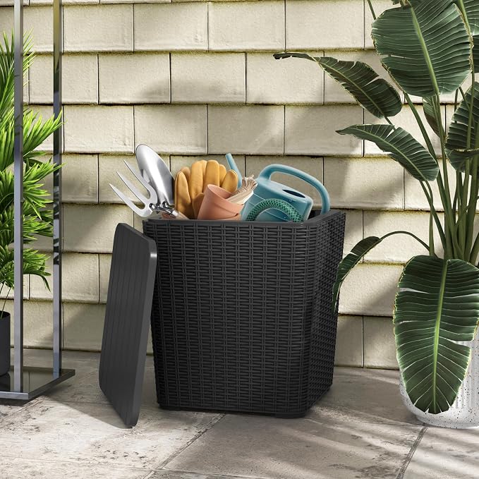 LDAILY 11.5 Gallon Outdoor Storage Box, Deck Box with Table Top & Stool, Resin Wicker Patio Side Table with Storage, Removable Lid, 330Lbs Capacity for Poolside, Balcony (Black)