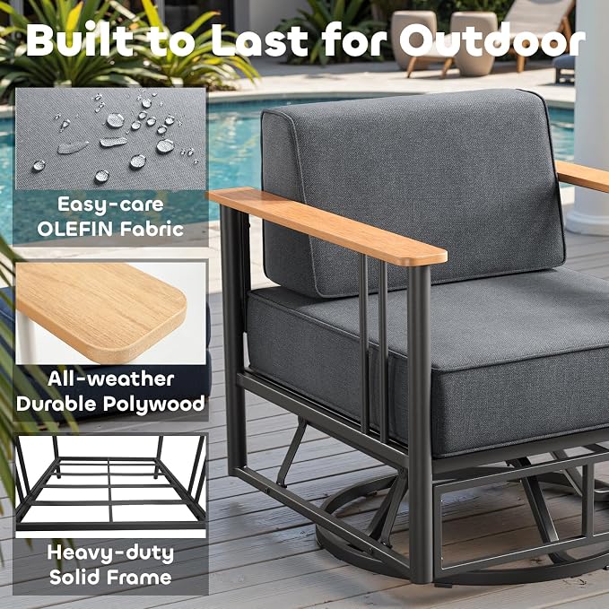 Luxury Patio Swivel Chairs with 6" Extra Thick Cushions, Outdoor Furniture Set with Ottomans and Side Table, Swivel Outdoor Chairs for Porch, Balcony, Deck, Patio, Yard, Poolside, Black/Grey