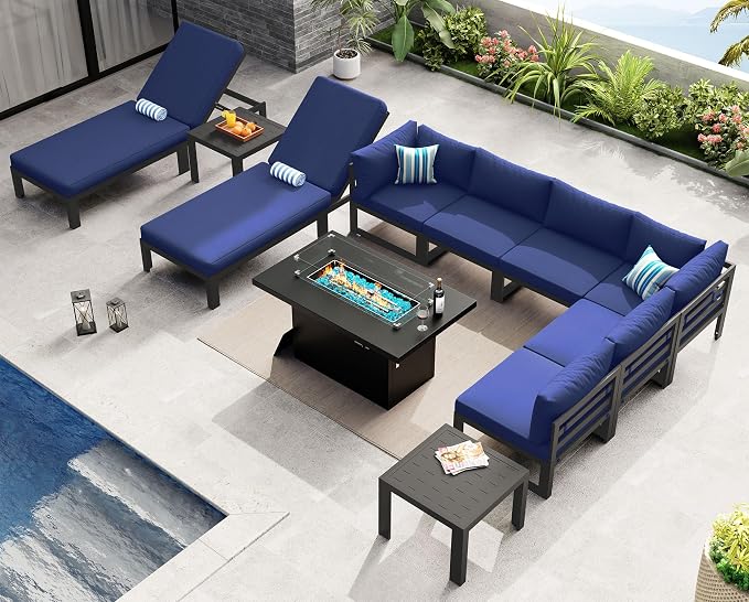 NICESOUL 11 Piece Large Modern Aluminum Patio Furniture Set, Water & Fade Resistant Modular Outdoor Conversation Set with Lounge, 500 lbs Heavy Duty Comfortable Sectional Sofa for Poolside, Navy Blue