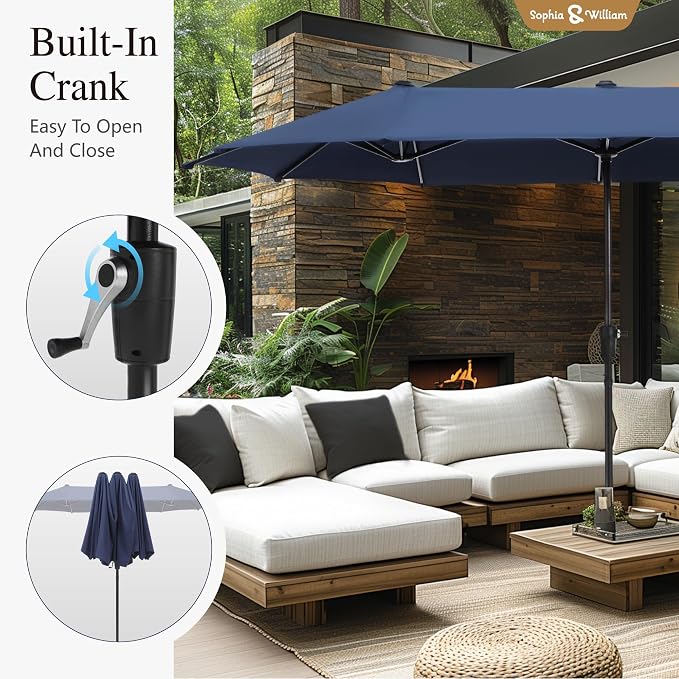 Sophia & William Patio Set with Umbrella Outdoor Dining Set for 6 with 13ft Umbrella Blue, 6 x Patio Chairs Brown, 1 Wood Like Outdoor Dining Table for Deck Lawn Garden (No Umbrella Base)