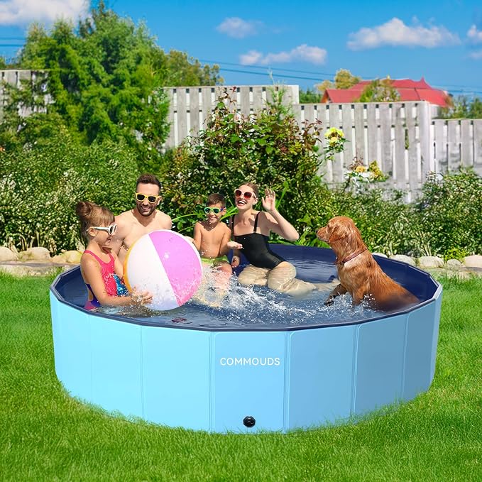 COMMOUDS 107 Inch Extra Large Foldable Dog Pool, Collapsible Hard Plastic Dog Kiddie Swimming Pool, Portable Pet Bath Tub Wading Pools for Kids and Puppy Small Medium Large Dogs