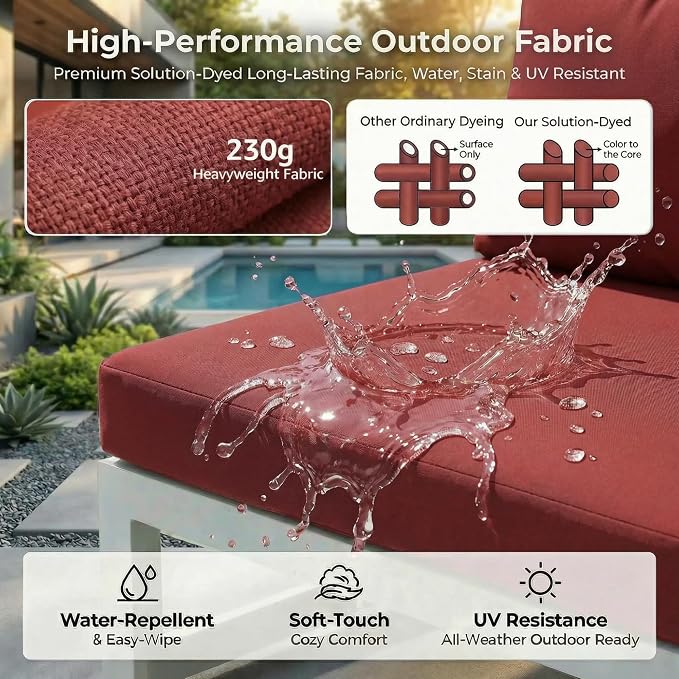 RADIATA 9 Piece High End Aluminum Patio Furniture Set with Fire Pit Table, 500 lbs Heavy Duty Outdoor Sectional Sofa, 29" Deep Wide Oversized Seating L Shaped Conversation Couch for Exterior, Burgundy