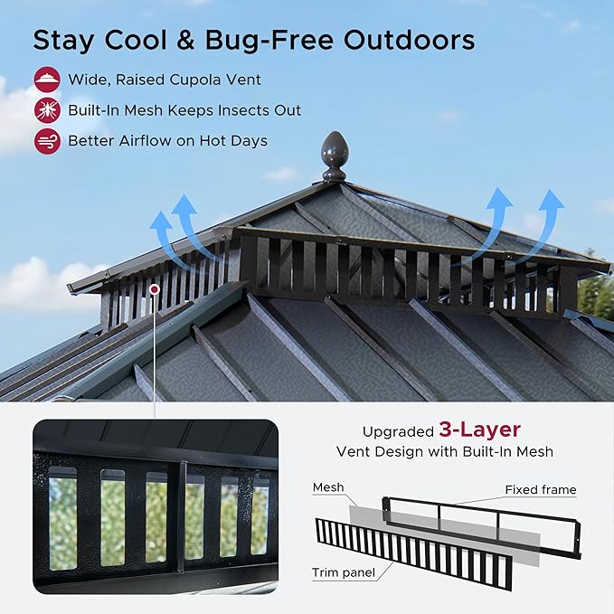SUNJOY Kingston 10' x 10' Hardtop Wood Gazebo with Galvanized Steel Double Roof, Curtain and Netting, Cedar Posts Permanent Pavilion Gazebo for Garden, Patio, Deck, Lawn
