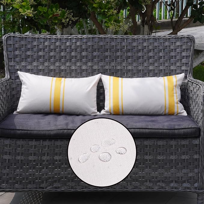 ONWAY Outdoor Pillow Covers Waterproof 12x20 Set of 2 Decorative Linen Throw Pillow Cover Beige and Yellow Striped Outdoor Pillows for Patio Furniture