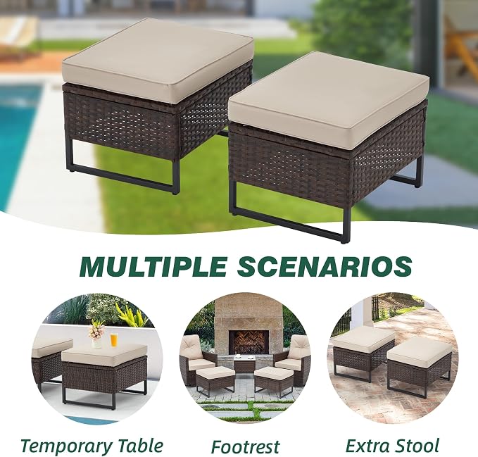 AVAWING Outdoor Wide Wicker Ottomans Set of 2, All-Weather Rattan Ottoman Seat for Garden, Backyard and Balcony, Patio Footstool with Removable Cushions, Beige 18.5" D x 22" W x 17" H