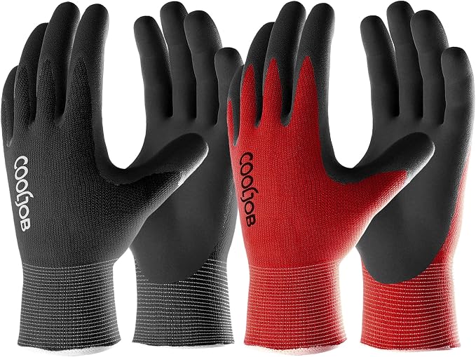 COOLJOB 2 Pairs Gardening Gloves for Men, Breathable Rubber Coated, Xlarge | Garden Gloves Bulk, Non Slip Palm Dipped Grip for Weeding Landscaping, Outside Work for Lawn Yard, Black&Red