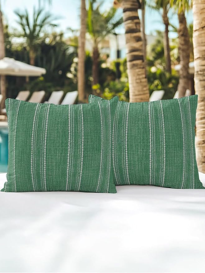 Waterproof Outdoor Pillow Set of 2 Green Linen Stripes Decorative Throw Pillows Cover & Insert 16x16 Inch Pillowcase Parallel Vertical Lines Pillows for Couch Sofa Bed Patio Furniture Indoor Outdoor