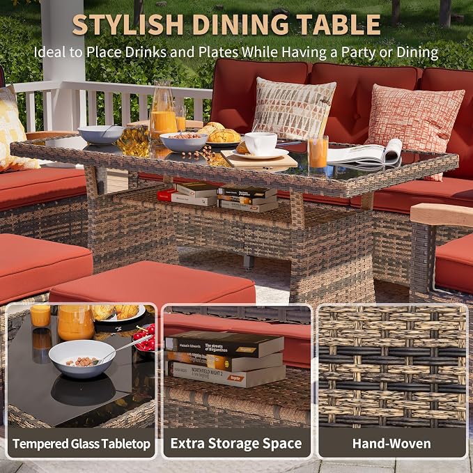 MEISSALIVVE 8 Pieces Patio Furniture Sets, PE Wicker Outdoor Conversation Sets with 2 Wood Armrests Swivel Rocker Chairs, 2 Ottomans, 2 Sofa and Dining Table (Red)