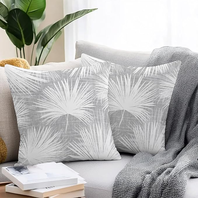 Throw Pillow Covers 26x26 Inch Set of 2, Grey Palm Leaves Coastal Waterproof Outdoor Pillow Covers, Summer Tropical Botanical Boho Decorative Cushion Pillowcases for Couch, Sofa, Bed, Garden, Patio