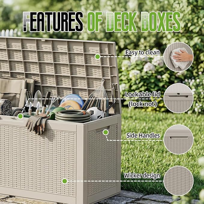 120 Gallon Weatherproof Large Storage Box, Beige | Lockable Resin Outdoor Package Delivery Box & Durable Extra Bench, UV Protected & Rustproof, Holds Pool Floats & Garden Tools