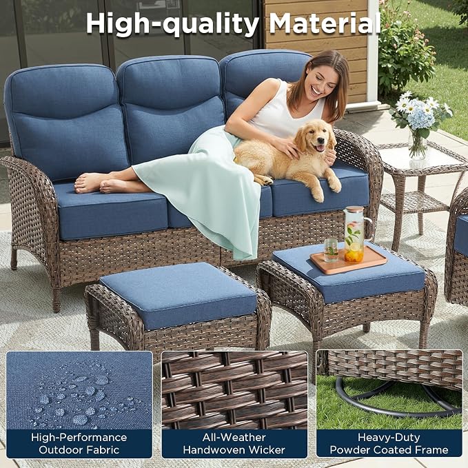 Luxury Outdoor Patio Furniture Set with 6-Inch Thick Cushions, 7 Pieces Wicker Outdoor Furniture with High Back Swivel Patio Chairs Set of 2, Outdoor Conversation Set for Deck Garden Porch, Blue