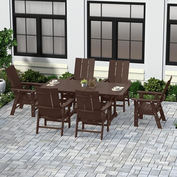WestinTrends Ashore 7 Pieces Adirondack Outdoor Dining Set, All Weather Poly Lumber Slatted Modern Farmhouse Outdoor Furniture Set, 71" Trestle Dining Table and 6 Adirondack Dining Chair, Dark Brown