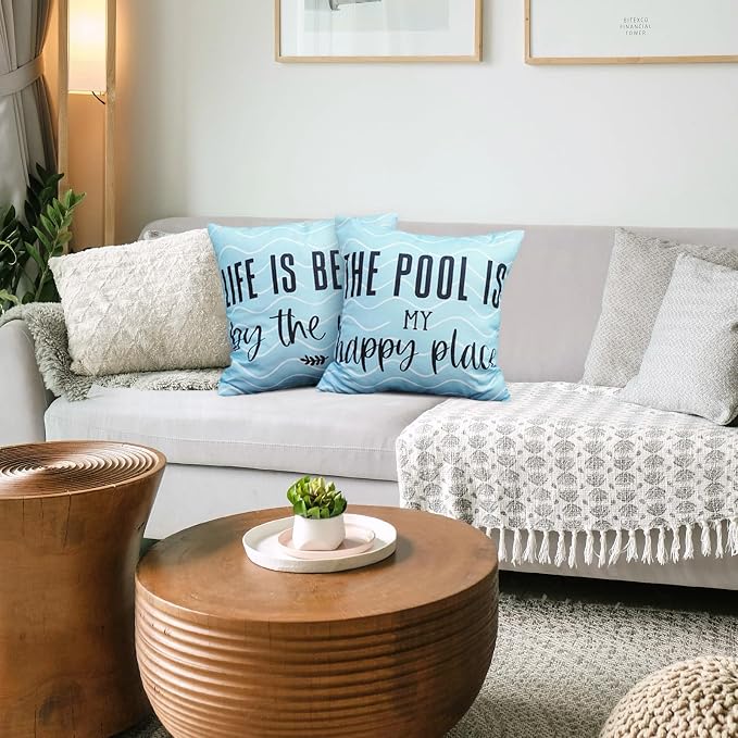 TAJWE Outdoor Pillow Covers 18x18 Inch Set of 2 Wave Life is Better by The Pool Blue Waterproof Decorative Throw Pillowcases Farmhouse Square Cushion Cases for Patio Furniture Garden Bench Porch Decor