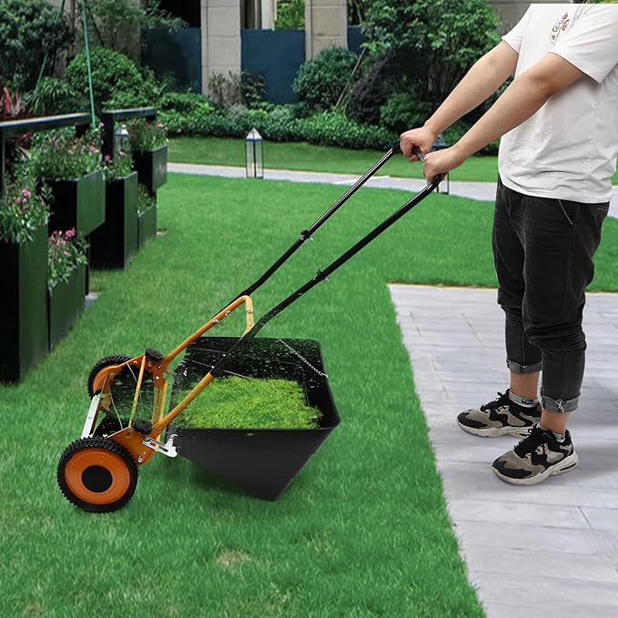 14 Inch Manual Lawn Mower, 4-Blade Reel Lawn Mower with Grass Catcher, Adjustable Cutting Height Lawn Mowers, Push Lawn Sweeper for Lawn Yard Garden Bush