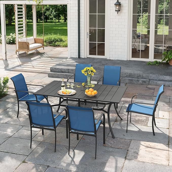 VICLLAX 7 Pieces Patio Outdoor Dining Set, 59" Metal Dining Table with Umbrella Hole and 6 Stackable Textilene Chairs for Patio, Lawn, Garden, Porch, Black/Dark Blue