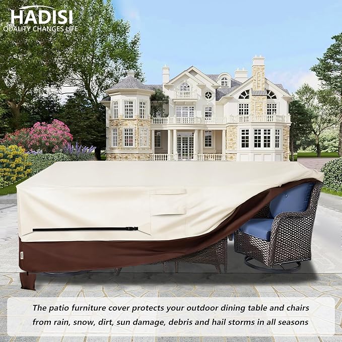 Patio Furniture Covers,Outdoor Furniture Cover Waterproof,600D Rectangular Patio Heavy Duty Table Cover,Outdoor Dining Table and Chair General Purpose Furniture Covers 110"L x 84"W x 28"H-Beige