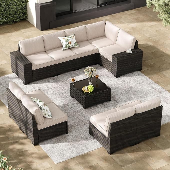 10-Piece Outdoor Patio Furniture Set with PE Wicker Sectional Sofa, Removable Cushions, Glass Coffee Table, Left and Right Armrest Rattan Conversation Set for Garden, Porch, Deck, Backyard(Beige)