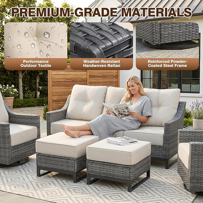 6 Piece Patio Furniture Set With Fire Pit ,360°Swivel Patio Chairs Set of 2,Outdoor 2 Sofas,Side Table,Cozy 60,000 BTU Square Fire Pit Table, All-Weather Wicker Patio Set With 6 Inch Thick Cushions