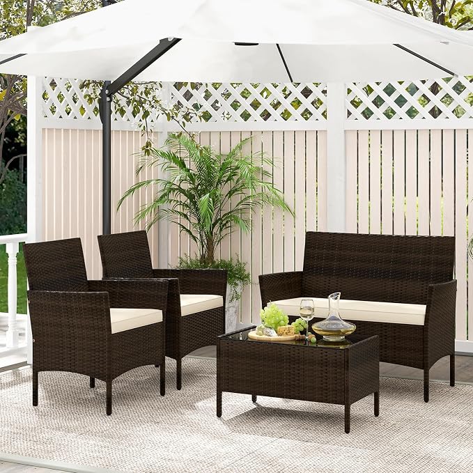 4 Piece Patio Furniture Set, Sectional Conversation Sofa Set with Glass Coffee Table, Cushions & Loveseat, Wicker Outdoor Table and Chairs for Pool, Garden, Deck, Backyard (1, Beige)