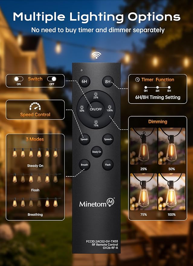Minetom 77FT Outdoor String Lights with Remote, ST38 Patio Lights Dimmable | Waterproof LED Christmas Lights with 3 Modes, Shatterproof Connectable Outside Lights for Backyard Porch Deck Garden Decor