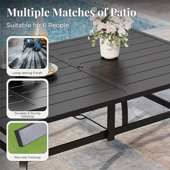 MIXPATIO Patio Table and Chairs Set, Patio Dining Set for 6 with Brown Chairs and Metal Rectangular Table for Deck Backyard Lawn Poolside