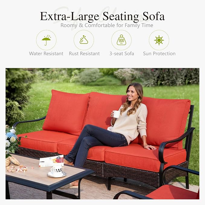 Sophia & William Patio Furniture Set with Fire Pit Table, 4 PCS Metal Outdoor Conversation Set with Fire Pit Table, 2 Sofa Chairs,3-Seater Couch for Outdoor Seating, Backyard, Porch(Red)