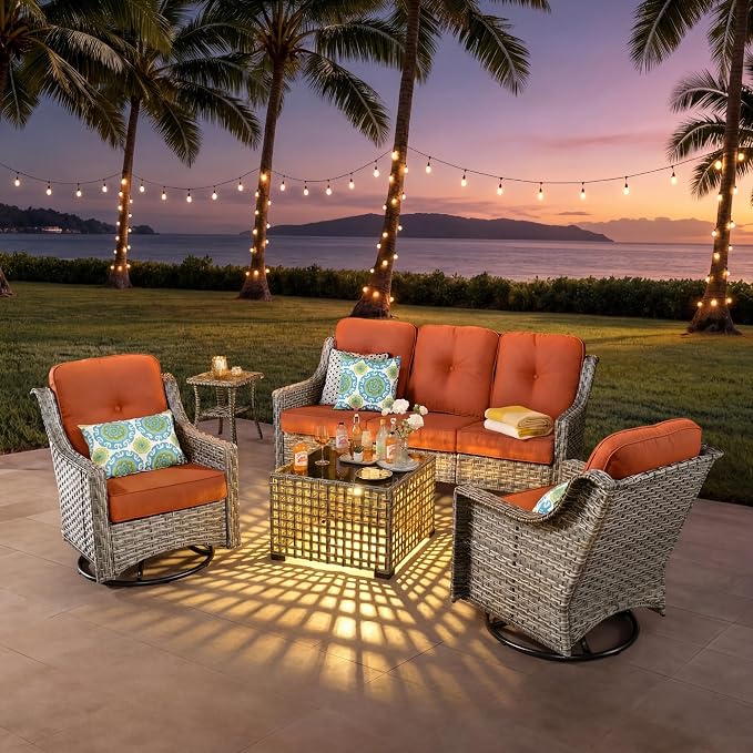 ovios 5 Piece Outdoor Patio Furniture with 3 Seat Sofa,Rattan Wicker Coversation Set with Swivel Rocking Chair,Balcony Sofa Set with Shiny Table for Outside Porch Backyard Pool, Orange