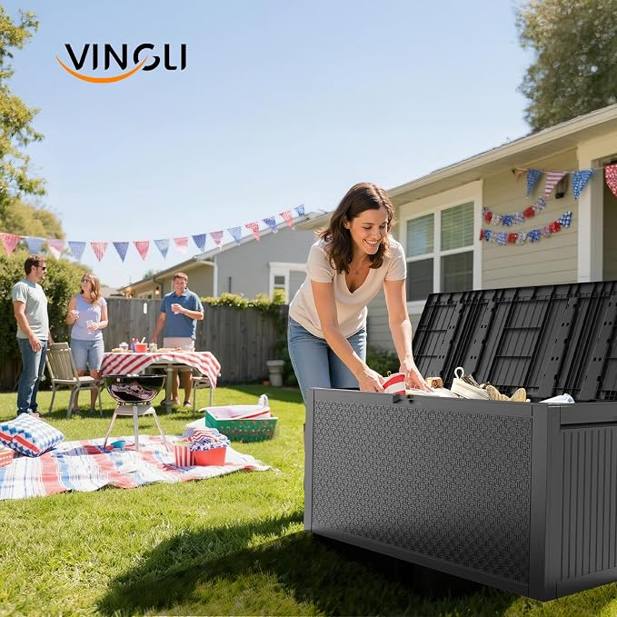 VINGLI 90 Gallon Outdoor Storage Box, Lockable Plastic Storage Containers with Lid, Patio Deck Box Furniture for Garden, Pool, Balcony, Yard (Black)