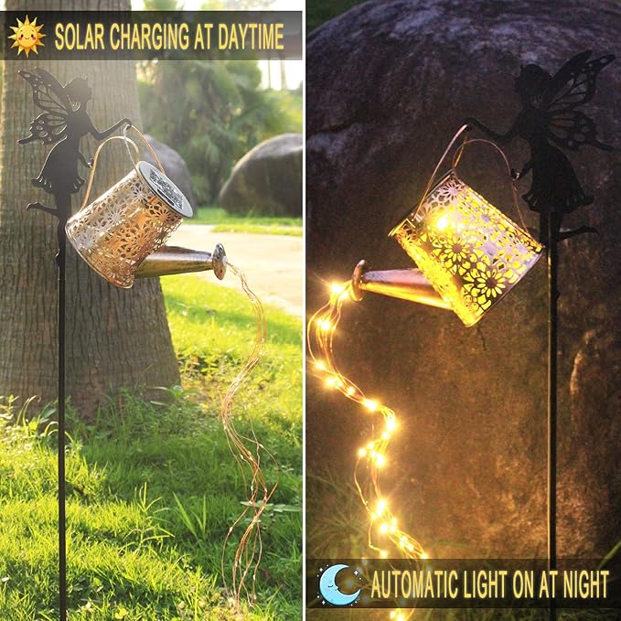 2Pack Solar Watering Can Lights,Waterproof Hollowed-Out Retro Metal Outdoor Lights,Fairy Solar Garden Lights Outdoor Decoration Gifts for Mom Grandma(Angel 2 Style)