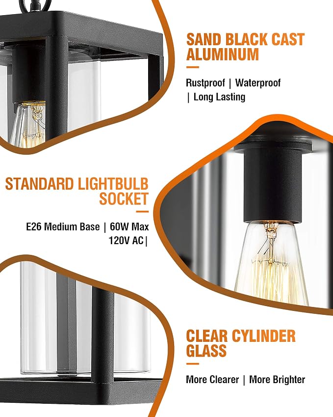 Beionxii Outdoor Pendant Light, Modern Exterior Hanging Porch Lantern | Hardwired 120V, Black Cast Aluminum w/Clear Cylinder Glass (15" x 7.1") for Coastal Pillars, Paths, Porch, A291H-1PK