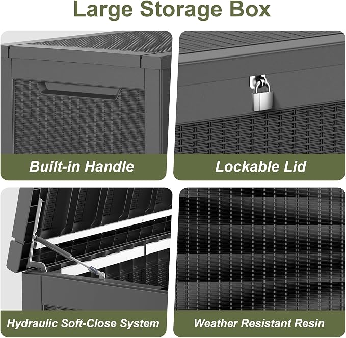 320 Gallon Outdoor Storage Box Waterproof, Lockable Resin Deck Box Large, Patio Storage Bin for Pool Accessories Cushion Furniture, Garden Tools, UV-Resistant Outside Delivery Black