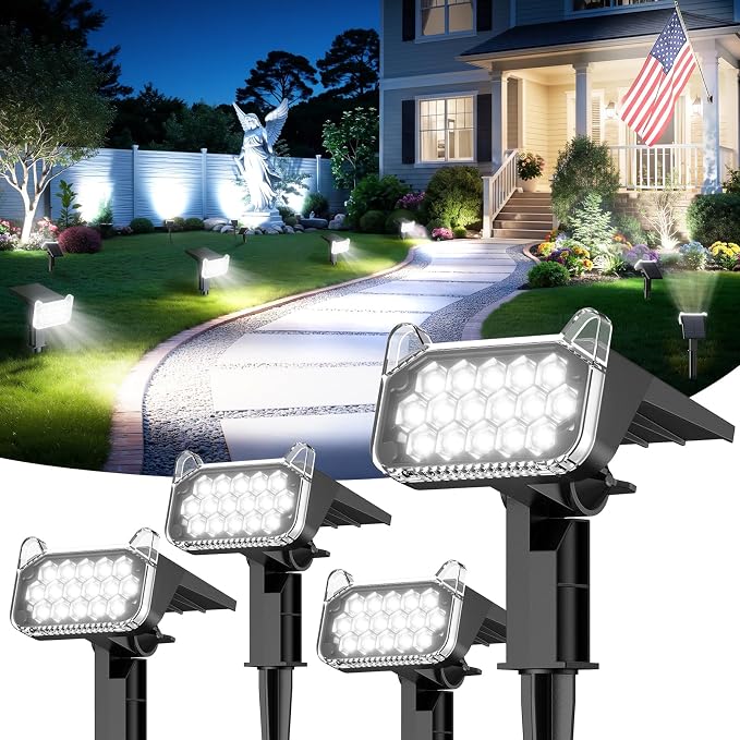 Solar Spot Lights Outdoor Waterproof IP65, Super Bright LEDs with Lens, 6500K 2 Lighting Modes, 2 in 1 Auto On/Off Solar Powered Spotlights for Yard Flag Landscape Tree, 4 Pack, Cool White