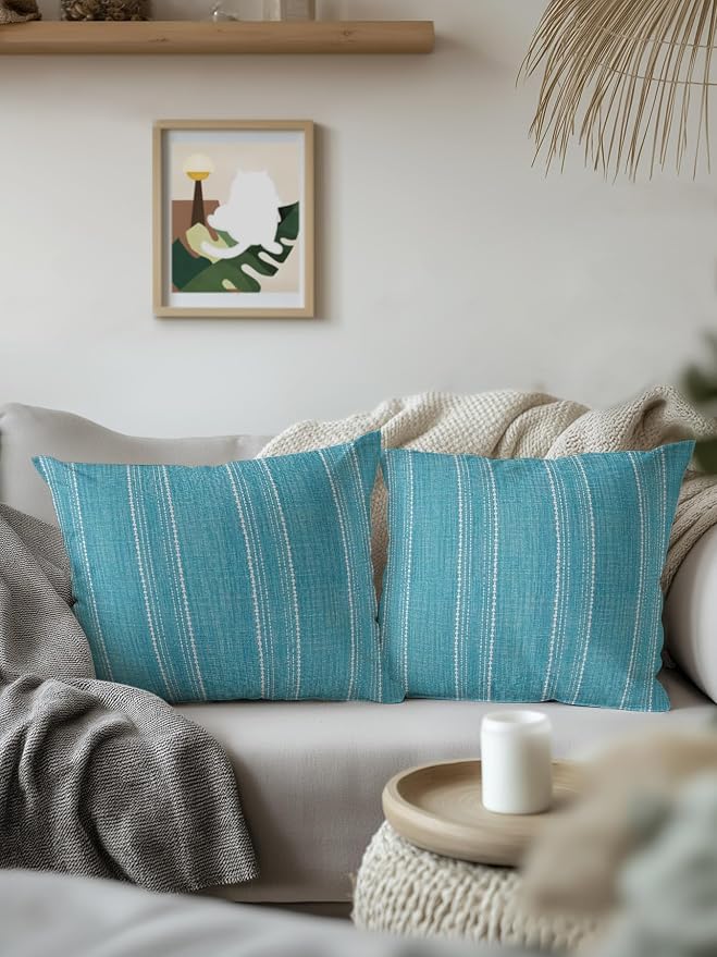 Waterproof Outdoor Pillow 1 Pack Turquoise Linen Stripes Decorative Throw Pillows Cover & Insert 16x16 Inch Pillowcase Parallel Vertical Lines Pillows for Couch Sofa Bed Patio Furniture Indoor Outdoor