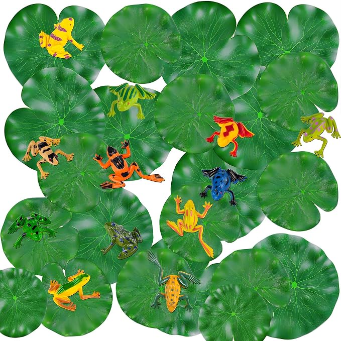 32 Packs Mini Plastic Frog Decor and Artificial Lily Pads, | 12 Colorful Plastic Frogs & 20 Floating Lily Pads, Artificial Pond Plants for Garden Pool Decor Party Favor Classroom
